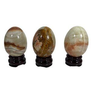 Set Of 3 Polished Onyx(?) Decorative Eggs w/ Stands Healing Energies/Gift 3.5"
